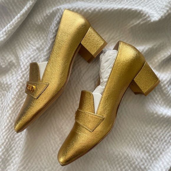 Stuart Weitzman Gold Block Heel Loafers - Picture 2 of 14